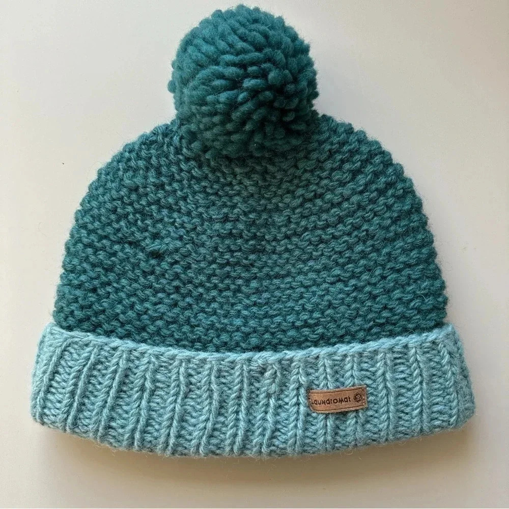 LAUNDROMAT Pom Pom Blue Fleece Lined Beanie